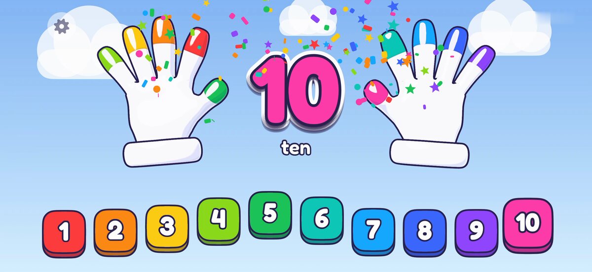 Both hands open wide with all ten fingertips colored, confetti in the air and a big 10