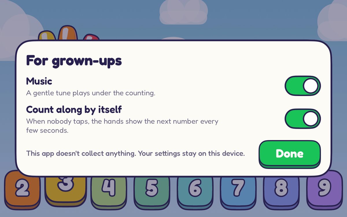 The settings for grown-ups: switches for Music and Count along by itself, and a note that the app doesn't collect anything